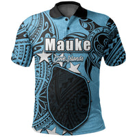 Blue polo shirt with Mauke front graphic and Cook Islands text