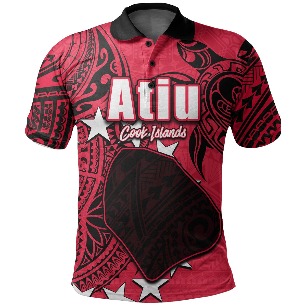 Custom Cook Islands polo shirt in red with black collar and “Atiu” graphic