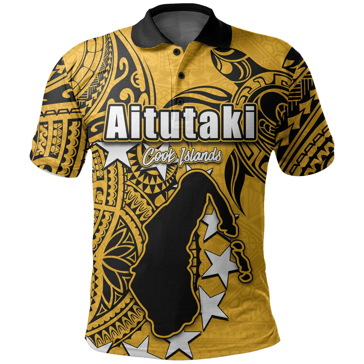 Yellow polo shirt with black collar and Aitutaki Cook Islands front graphic