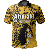 Yellow polo shirt with black collar and Aitutaki Cook Islands front graphic