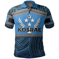Blue custom polo shirt with Kosrae graphic, star and laurel Polynesian pattern, button collar
