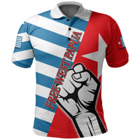 Polo shirt with blue and white stripes, red side panel, clenched-fist graphic