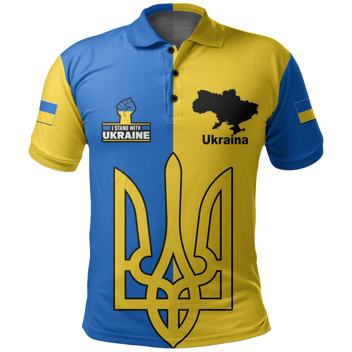 Yellow/blue polo with Ukraine emblem and 'I stand with Ukraine' print