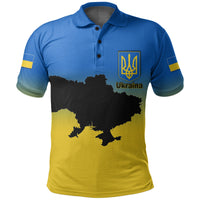 Blue polo shirt with Ukraine map graphic, trident crest and 'Ukraine' on chest