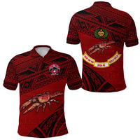 Red rugby polo with tribal black print, chest logo, and crab graphic; button collar.