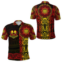 Red polo shirt with Marquesan tattoo-style graphic, short sleeves and collar