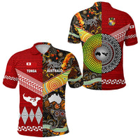 Red polo shirt with split Tonga/Australia artwork and short sleeves