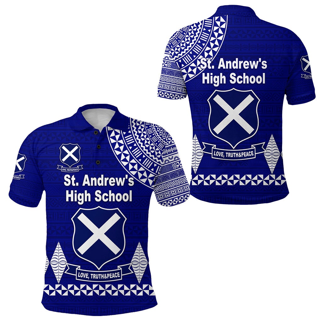Blue St. Andrew's High School polo shirt, front and back prints with shield logo