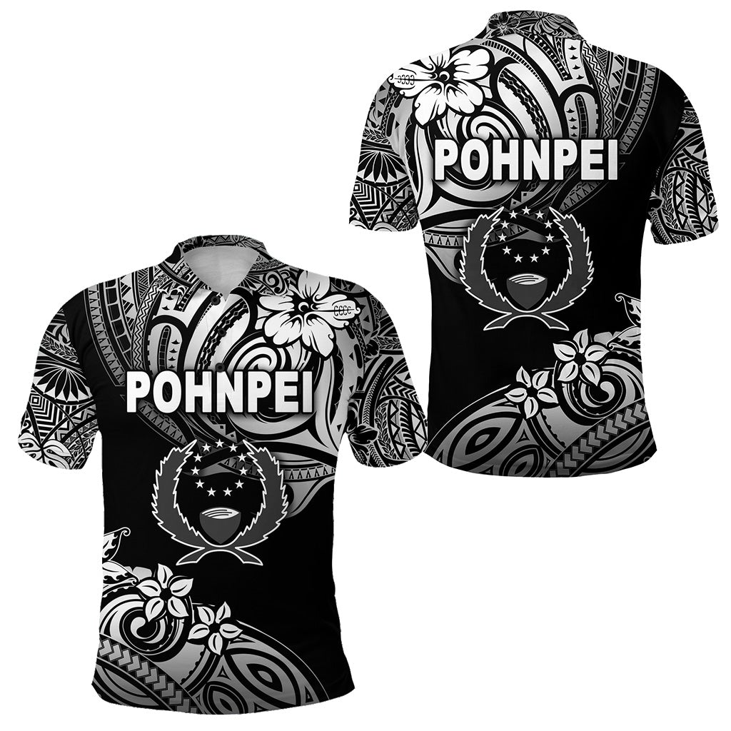Black polo shirt with POHNPEI tribal graphic, short sleeves, button placket.