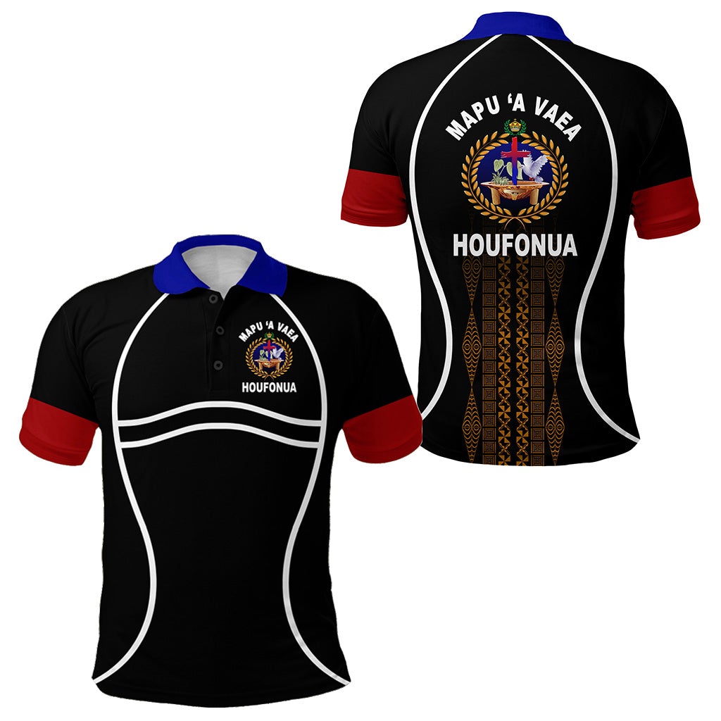 Black polo shirt with blue collar and red sleeve cuffs, front and back crest graphics