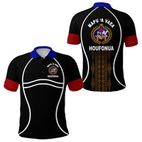 Black polo shirt with blue collar and red sleeve cuffs, front and back crest graphics