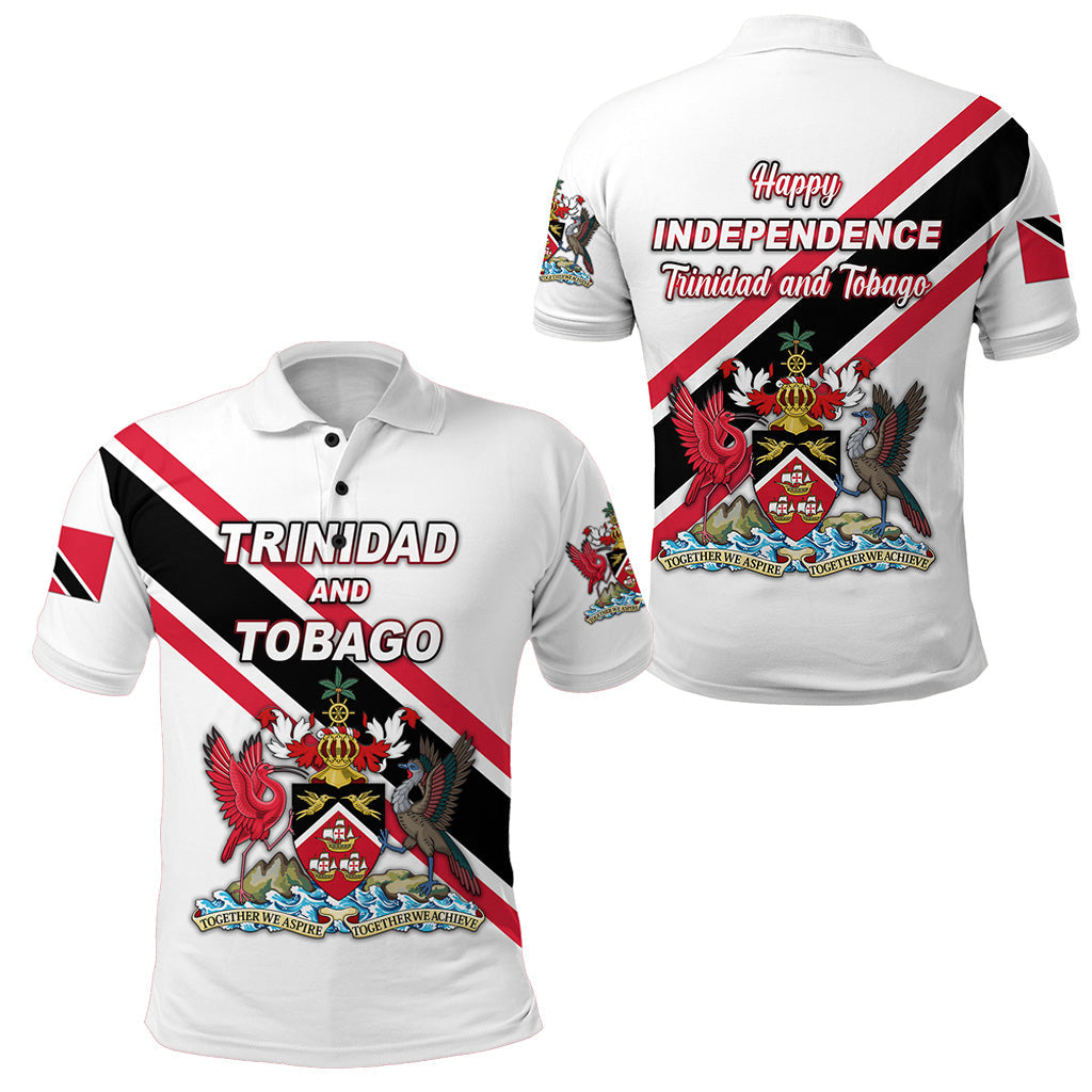White polo shirt with Trinidad and Tobago graphic crest, red/black diagonal stripe