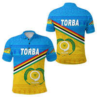 Blue Torba polo shirt: front & back views, striped band and crest graphic
