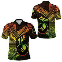 Neon reggae polo: black base with orange/green/yellow tribal print & YAP logo