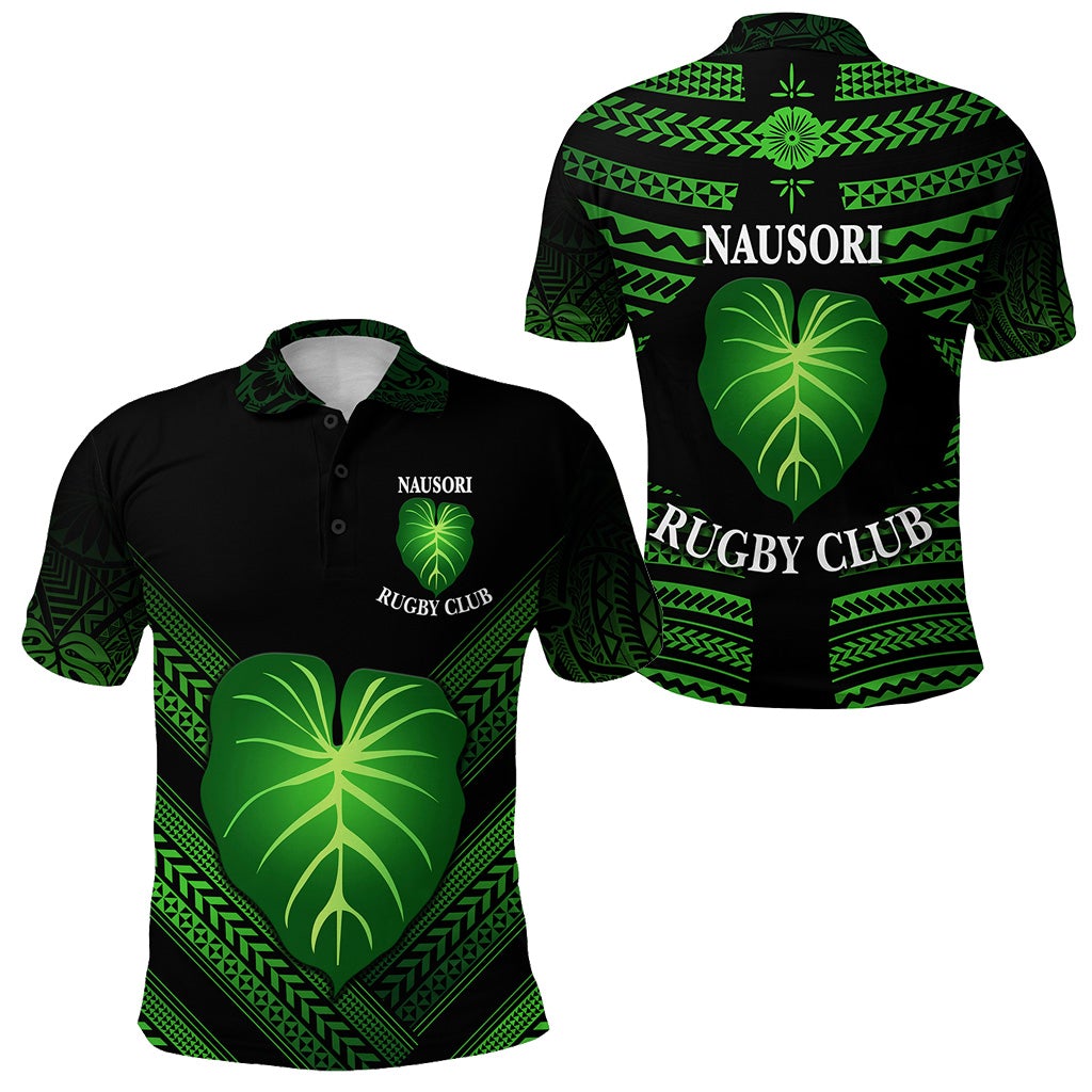 Black rugby polo with green leaf crest, NAUSORI, and Rugby Club; front and back views