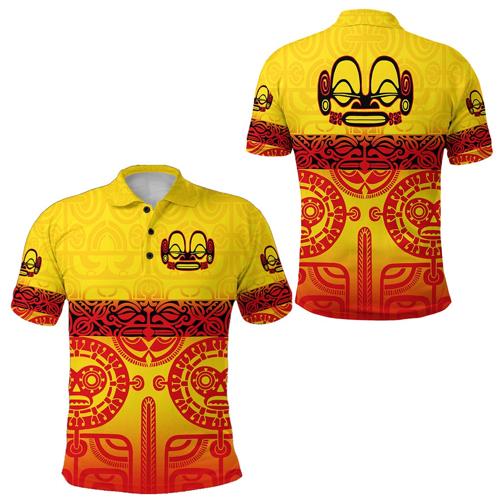 Yellow gradient polo shirt with Marquesan tattoo print; front and back shown