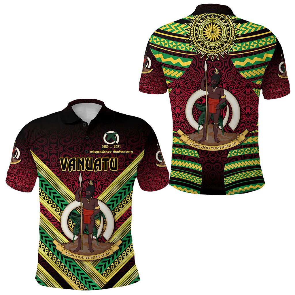 Vanuatu polo shirt, maroon tribal graphic with green/yellow trim, front