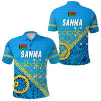 Blue polo shirt with SANMA print, Vanuatu flag badge, and gold geometric pattern