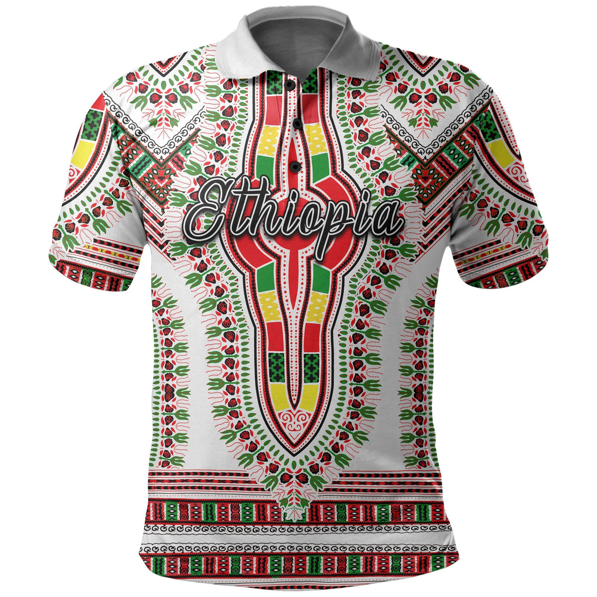 White polo shirt with colorful dashiki pattern and central cross graphic, short sleeves