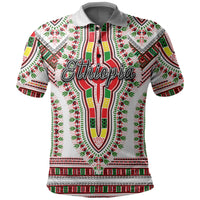 White polo shirt with colorful dashiki pattern and central cross graphic, short sleeves