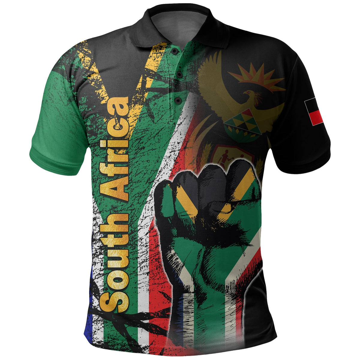 Black polo shirt with South Africa flag grunge graphic front