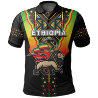 Black polo shirt with Ethiopia reggae graphic, lion and flag crest on front