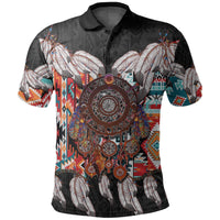 Black polo shirt with Native dreamcatcher and feather graphic, short sleeves