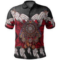 Black polo shirt with large Native dreamcatcher and feather graphic on front