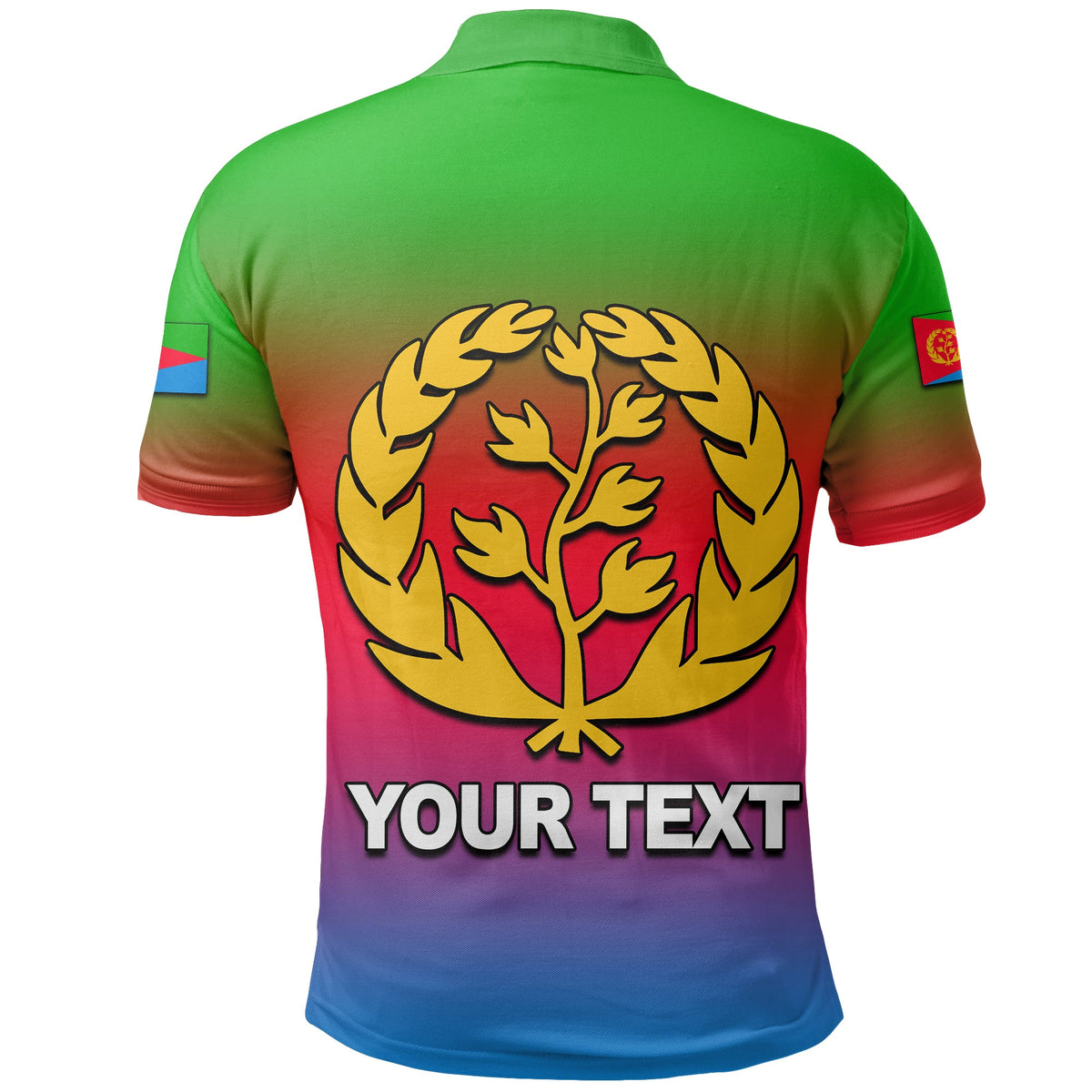 Polo custom Eritrea espalda con emblema del árbol y “YOUR TEXT”, gradiente rojo-azul