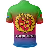 Polo custom Eritrea espalda con emblema del árbol y “YOUR TEXT”, gradiente rojo-azul