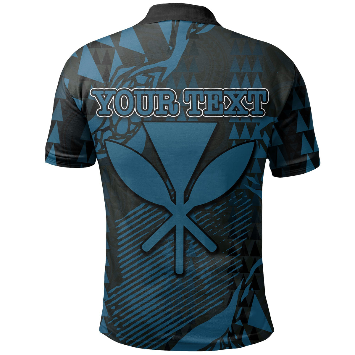 Blue golf polo back with large map-style emblem and custom text panel
