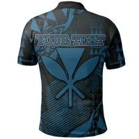 Blue golf polo back with large map-style emblem and custom text panel