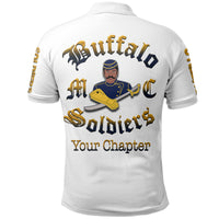 White polo shirt, back graphic reads 'Buffalo Soldiers' and 'Your Chapter'