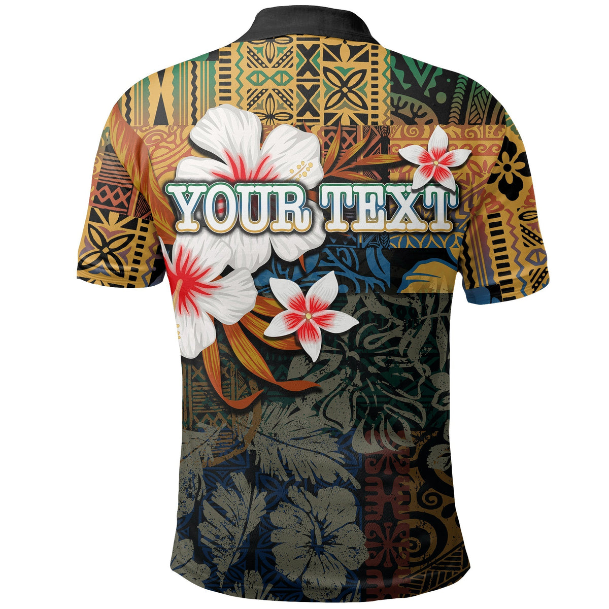 Back of custom polo shirt with 'YOUR TEXT' and floral fish hook graphic