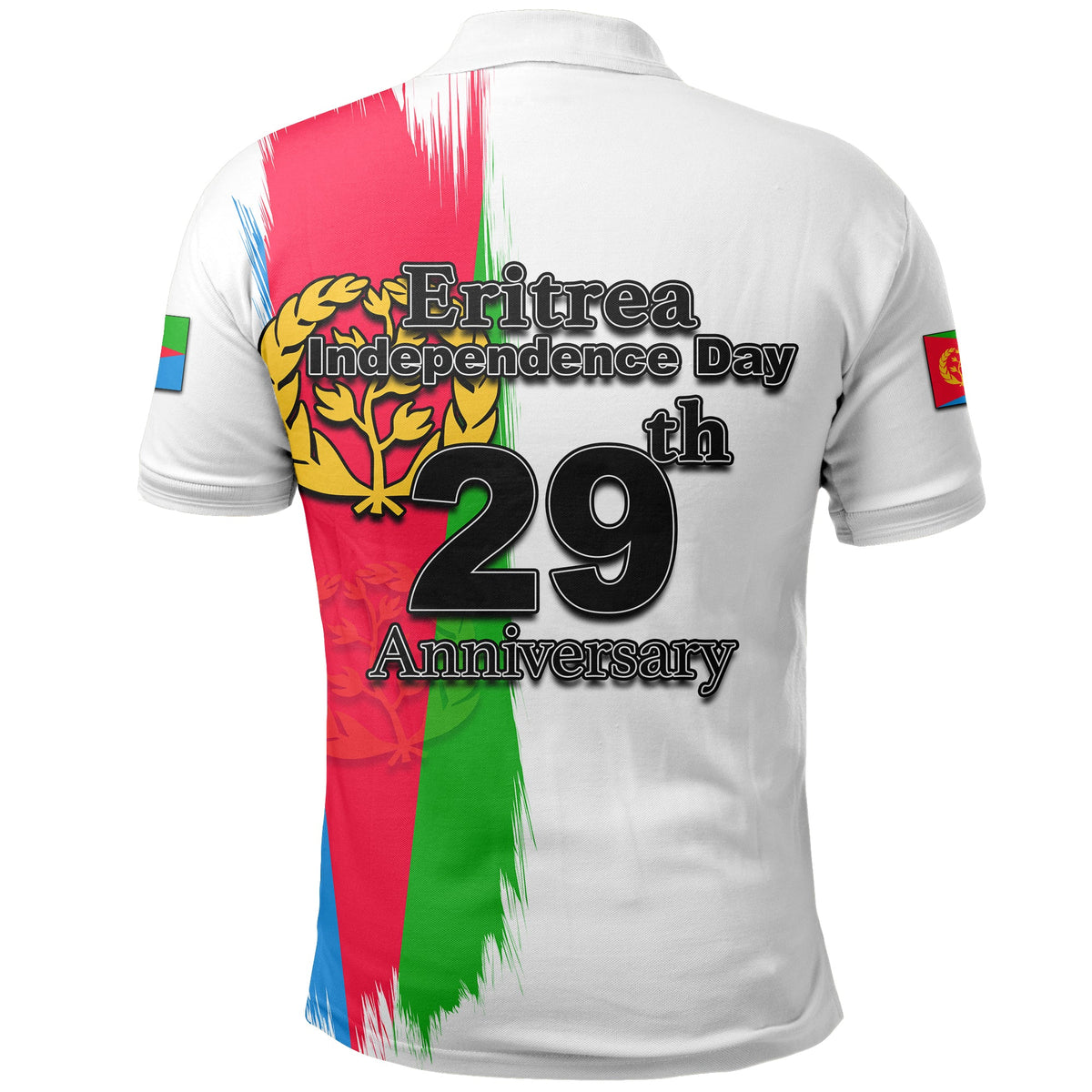 White polo shirt back with 'Eritrea Independence Day 29th Anniversary' graphic