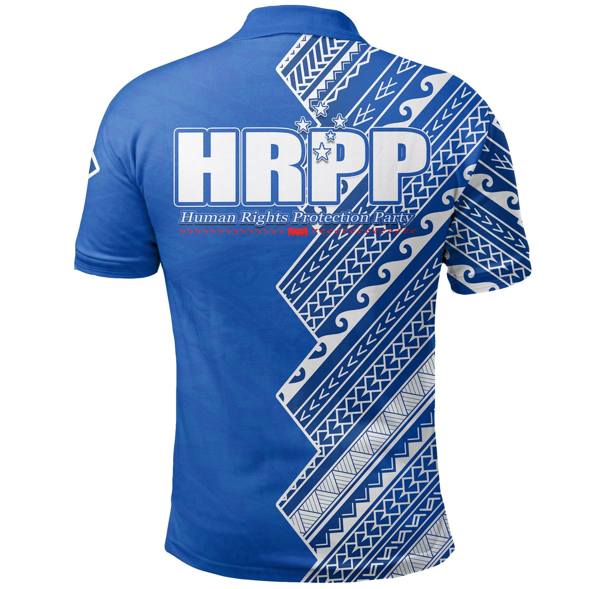 Blue HRPP polo shirt, back view with diagonal patterned panel and large HRPP print