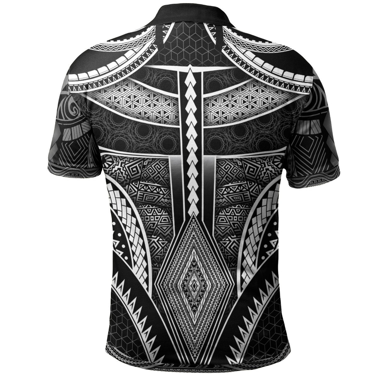 Back of Polynesian polo with white geometric tribal pattern on dark fabric