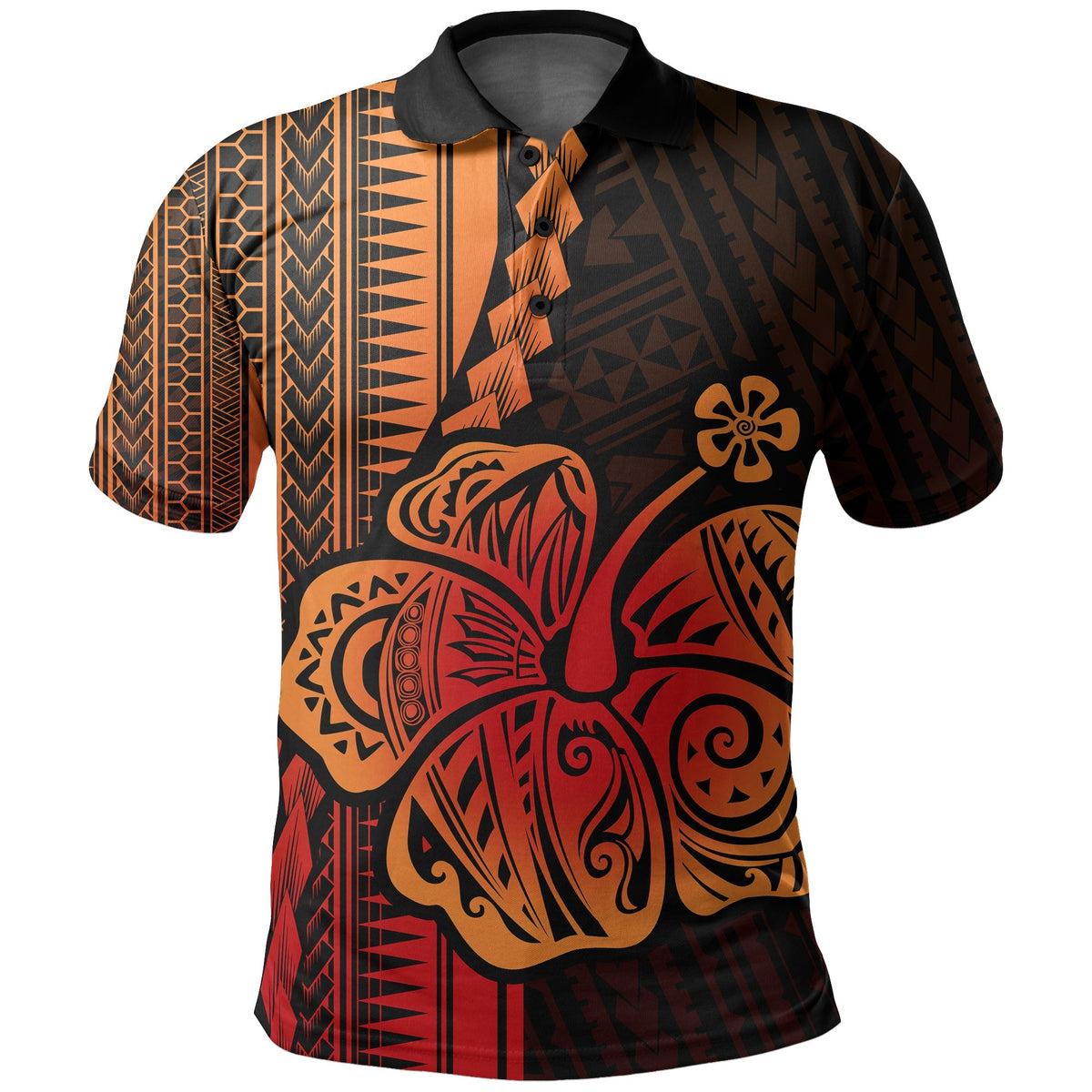 Custom red Polynesian polo shirt with hibiscus print, button-up collar