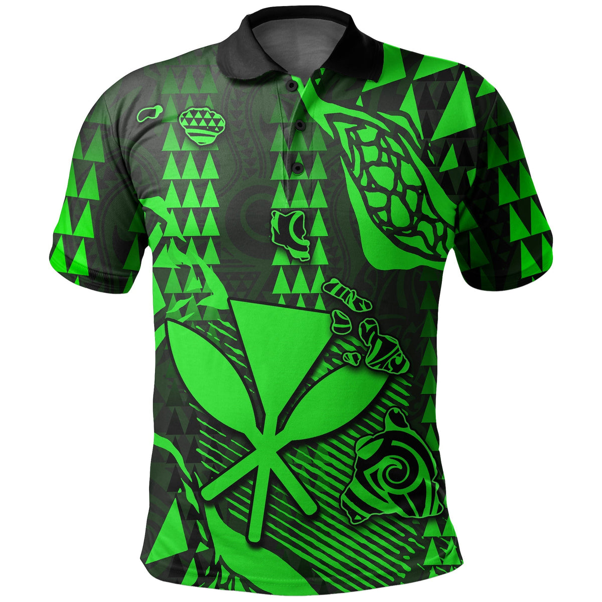 Green-and-black polo shirt with tiki map pattern and sea turtle graphic