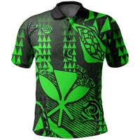 Green-and-black polo shirt with tiki map pattern and sea turtle graphic
