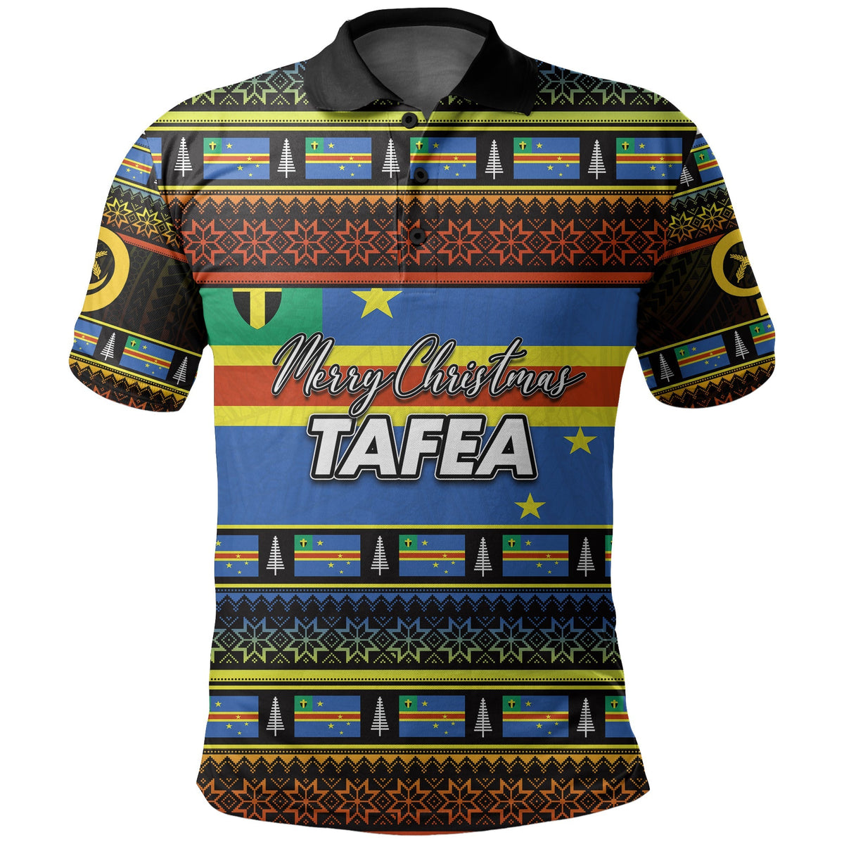 Christmas polo shirt with TAFEa text; blue front with “Merry Christmas” graphic