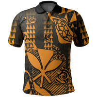 Orange Kanaka map polo shirt with geometric tribal graphics and button collar