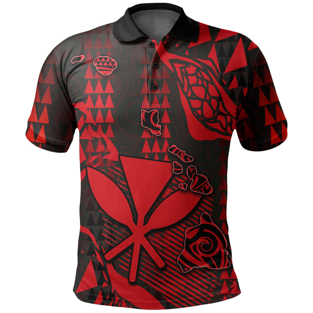 Red/black Hawaii Kanaka map polo shirt, black collar