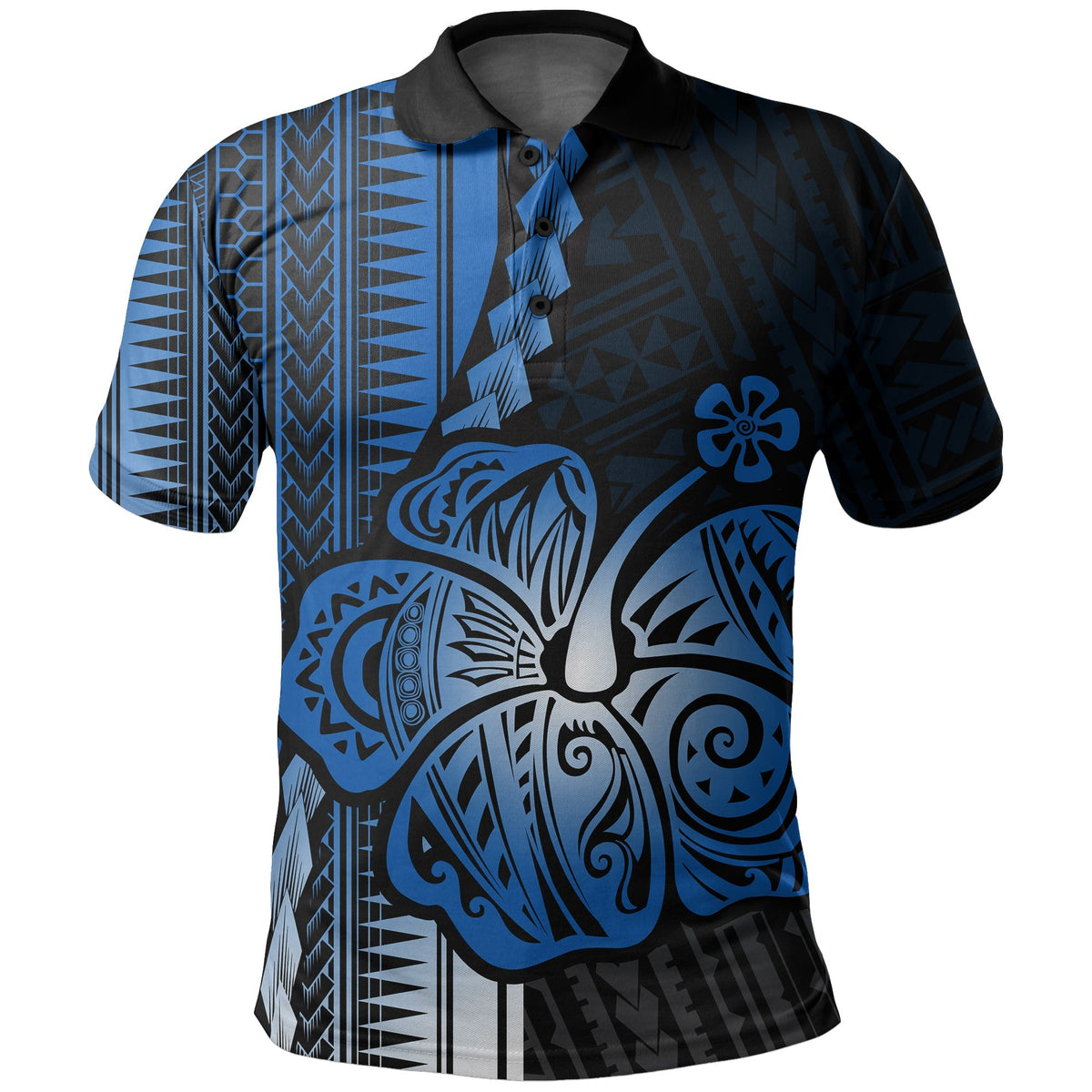 Blue Polynesian polo shirt with hibiscus, tiki fish and tribal geometric print