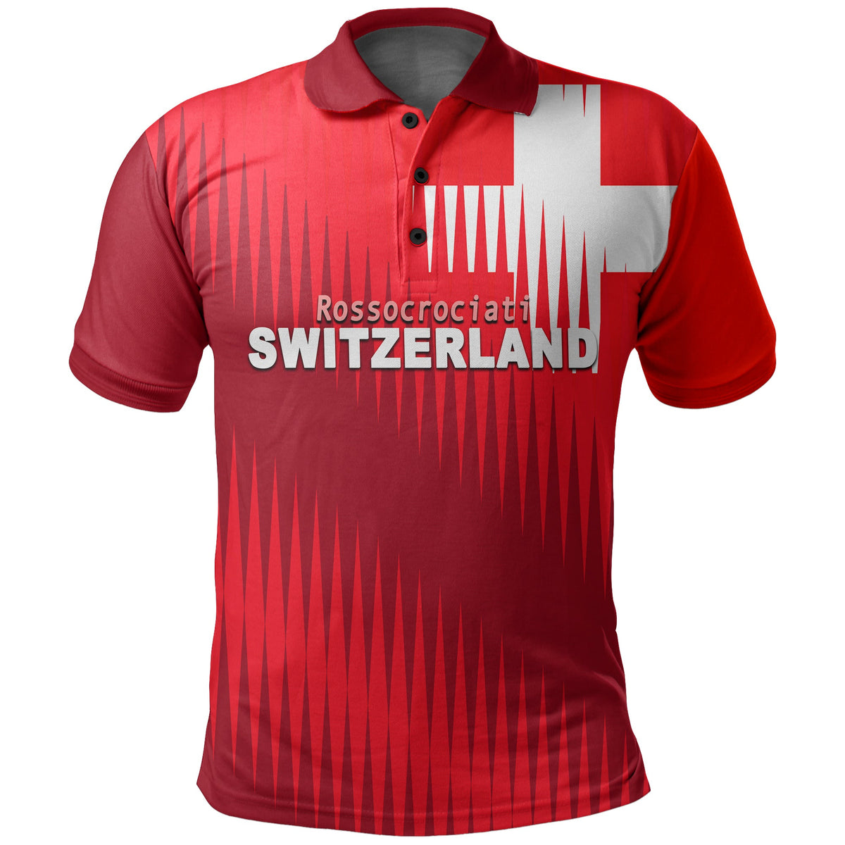Red custom soccer polo shirt with Switzerland lettering and graphic print on front