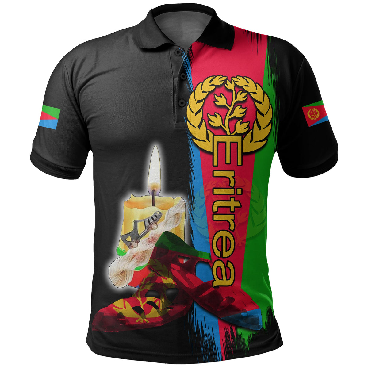 Black polo shirt with Eritrea flag graphic and candle on front