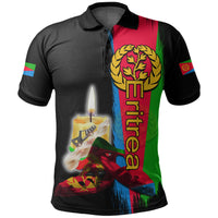 Black polo shirt with Eritrea flag graphic and candle on front