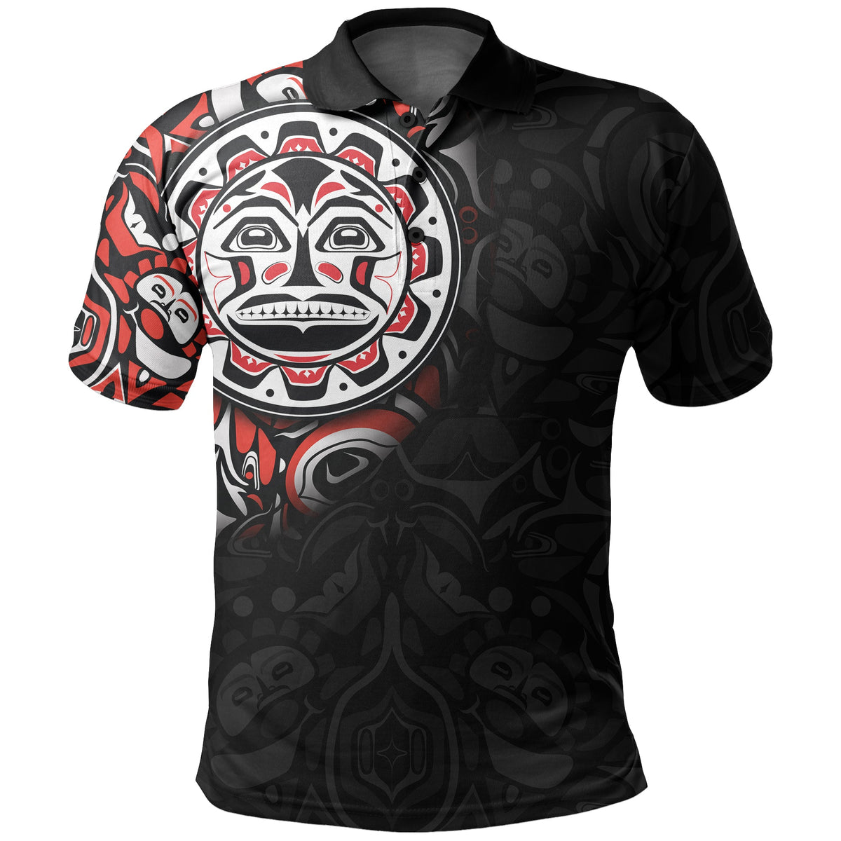Black polo shirt with Haida-style eagle face graphic and red accents on front.