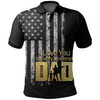 Custom American flag polo, black—front stars/stripes with 'I Love You' print