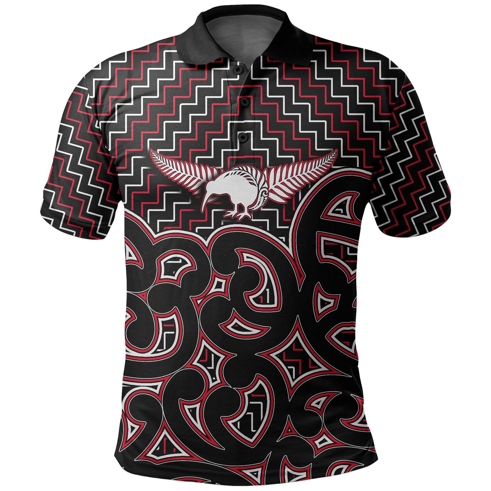 New Zealand Polo Shirt Maori Graphic Tee patterns Red LT6 - Wonder Print Shop